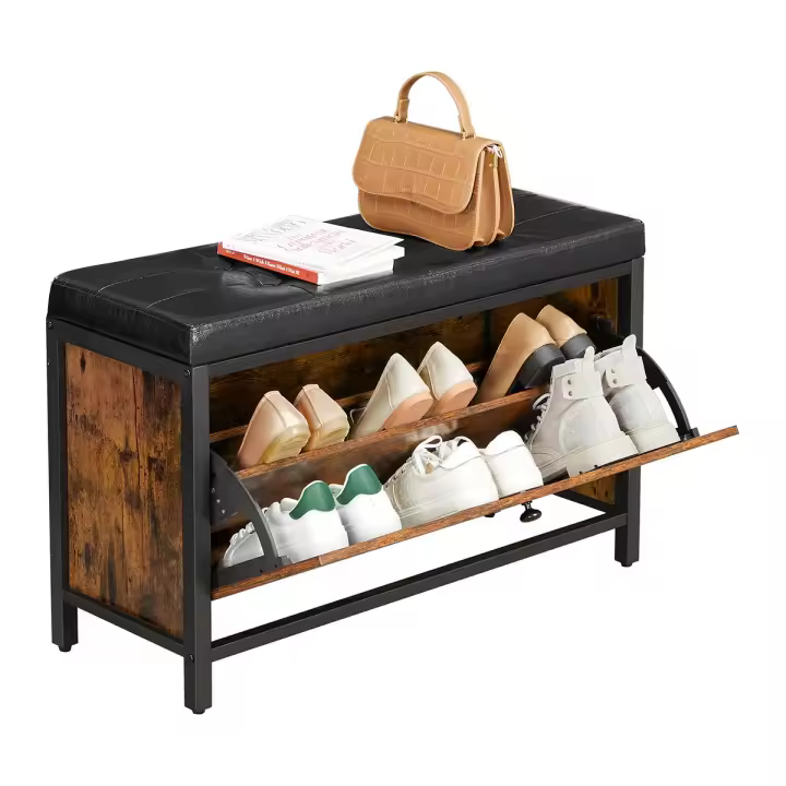 Banco zapatero industrial con cajón, asiento tapizado acolchado, capacidad para 6 pares, bául almacenaje, estructura de acero, marrón rústico y negro - 1