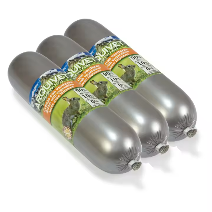 Salchicha de Conejo con Verduras para Perros 500 gr, Pack de 3 Unidades - 90% de carne. Sin cereales Sin gluten -  Alimento Completo -  Arquivet - 1