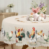 Mantel De Poliéster Retro Con Patrón De Gallo Hembra Y Pollo Decoración De Primavera Y Verano Para Casa Restaurante Café Estilo Campestre Lavable En Máquina Con Enfoscado En Borde - details 3