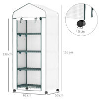 Outsunny Invernadero de Exterior con 4 Estantes y Ruedas, Invernadero Pequeño con Puerta Enrollable, Marco de Acero y Cubierta de PE 140g/㎡, Anti-UV para Plantas, Macetas, Flores, 70x50x165 cm, Blanco - details 2
