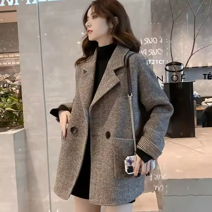 Abrigo De Lana Británica Para Mujer Moda Otoño Invierno Casual Cuello Abierto Bolsillos Resistente Al Viento Chaqueta De Oficina - 1