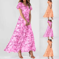 Vestido Largo De Mujer Elegante En Chiffon Floral Con Manga Corta Y Cuello En V A-Line Con Volante Y Cintura Empresarial Para Verano - details 0