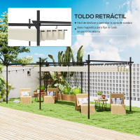 Outsunny Pérgola con Techo Retráctil Pérgola de Aluminio 6x3 m Cenador con Tela de Poliéster Anti-UV Resistente al Agua Pabellón para Jardín Patio Terraza Exterior Crema - details 0
