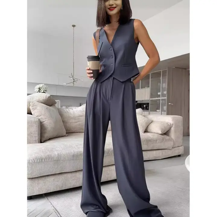 Conjunto de mujer, traje de señora para primavera y verano, chaleco sin mangas con cuello en V, pantalones wide-leg de corte relajado y caída fluida, conjunto casual. - 1
