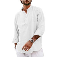 Camisas De Algodón Y Lino Para Hombre Estilo Streetwear Casuales Ligeros De Manga Larga Camisas Henley Hawaianas Transpirables Para La Playa - details 2