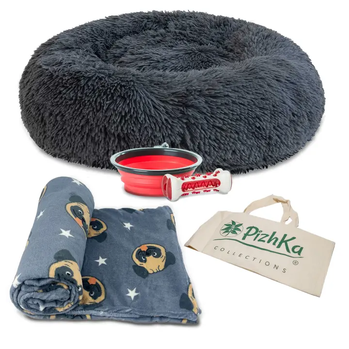 Pizhka - Set Cama Donut para Perros + Manta para Perros Coche/ Sofá + Comedero Viaje Plegable para Perros + Juguete Limpia Dientes para Perros - Kit Bienvenida Perros Medianos (modelo Alcoy) - 1