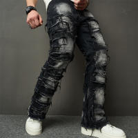 Jeans Rotos Y Spliced Streetwear HipHop Para Hombre Estilo Biker Con Agujeros Y Destazados Pantalones Vaqueros Sueltos De Doble Face De Medio Pecho Para Primavera Y Otoño - details 1