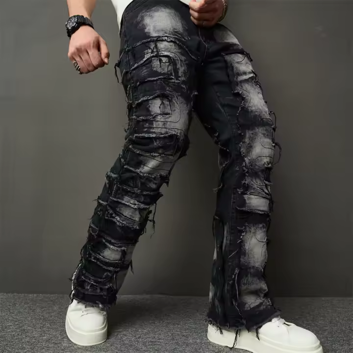 Jeans Rotos Y Spliced Streetwear HipHop Para Hombre Estilo Biker Con Agujeros Y Destazados Pantalones Vaqueros Sueltos De Doble Face De Medio Pecho Para Primavera Y Otoño - 1