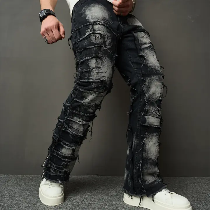 Jeans Rotos Y Spliced Streetwear HipHop Para Hombre Estilo Biker Con Agujeros Y Destazados Pantalones Vaqueros Sueltos De Doble Face De Medio Pecho Para Primavera Y Otoño - 1