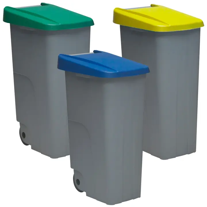 Denox Pack Reciclaje Contenedor Reciclo 110L Cerrado Set de 3 Contenedores Encajables con Ruedas en Azul Verde Amarillo - 1