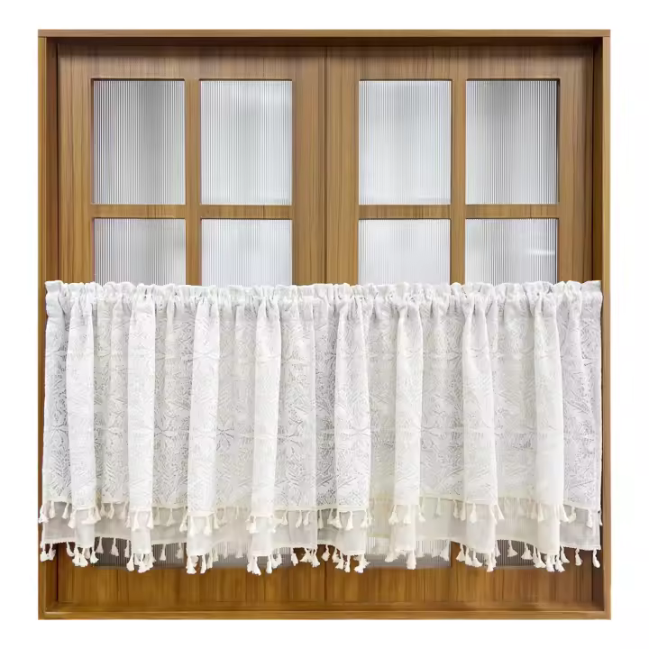 Cortina Boho Valance Blanco En Lona Transparente Para Cocina Baño Farmacia Café Doble Capa Con Borde De Borla Media Ventana - 1