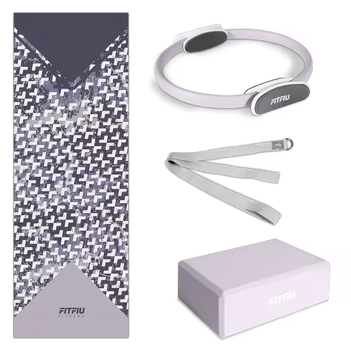 FITFIU Fitness KITWELL-400 - Pack de 4 Accesorios Yoga Pilates Color Lila Que Incluye Esterilla, Bloque, aro y Correa - 1