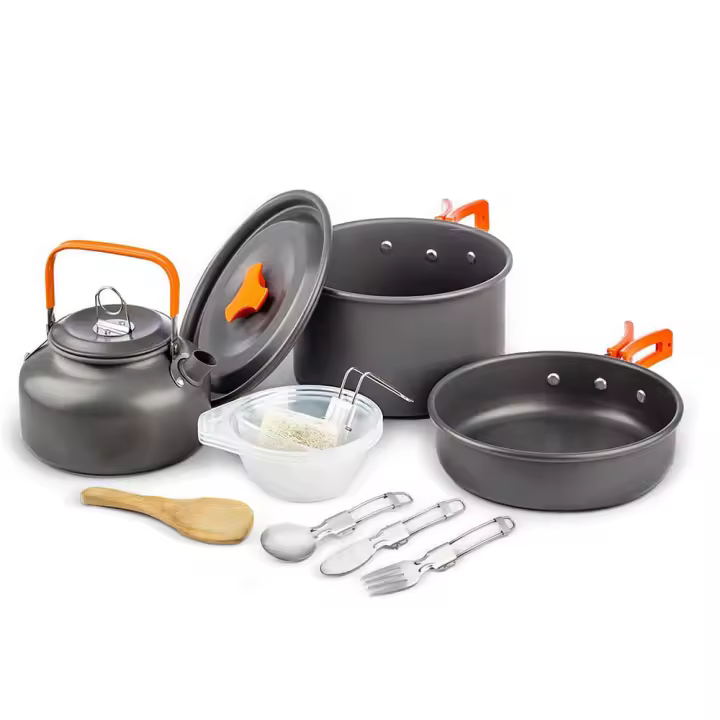 kit cocina exterior acero inoxidable,12 Piezas Kit de Utensilios de Cocina de Camping Portátil Kit de Cocina Aluminio Resistente para 1-2 Personas Picnic Camping Senderismo y Cocina al Aire Libre Naranja - 1