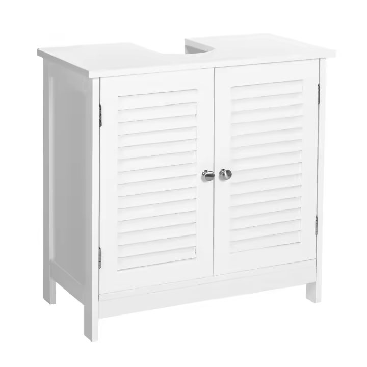 VASAGLE Mueble de Lavabo, Mueble de Baño, Armario de Almacenamiento, 60 x 30 x 60 cm, con 2 Puertas de Persiana, Tablero Ajustable, Manijas, Estilo Nórdico Escandinavo, Blanco Mate - 1