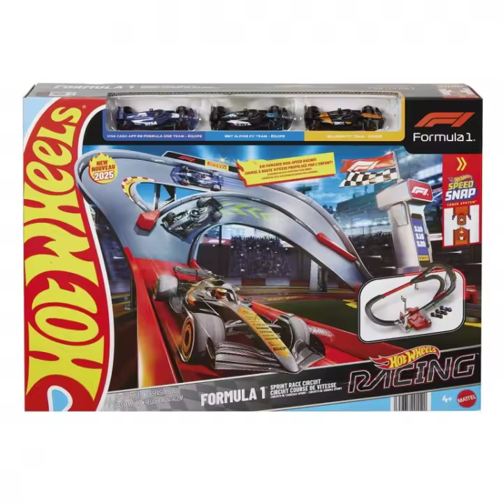 Hot Wheels Conjunto de pista coches de juguete, 3 vehículos metálicos de Formula 1 a escala 1:64: McLaren F1 Team, Alpine y VCARB, Circuito de carreras a gran velocidad uno contra uno (Mattel JDY15) - 1
