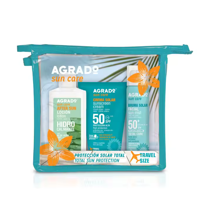 AGRADO - Neceser Solar Travel Kit, Pack con Loción Aftersun Hidrocalmante 100 ml, Tubo Crema Solar SPF50 100 ml, Bruma Facial Solar SPF50+ 75 ml, Protección 360º Completa y Eficaz Bajo el Sol, Fórmula Avanzada y Respetuosa con la Piel - 1