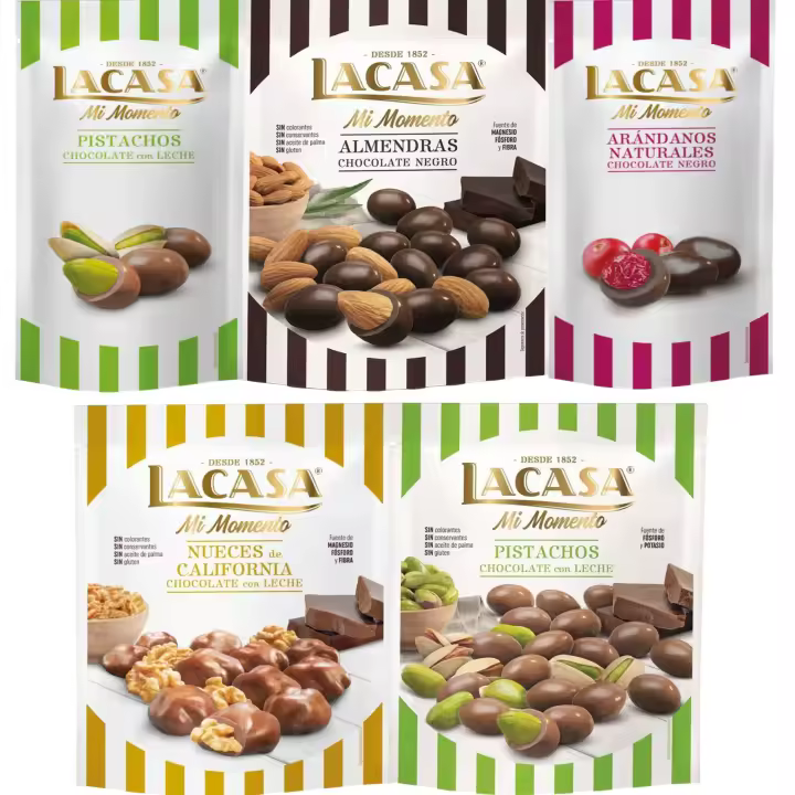 Lacasa Mi Momento pack de 5:Arándano choco Negro 60G,Pistacho Leche 50G,Nueces Leche 115G,Almendra choco Negro 125G,Pistacho Leche 100G - 1