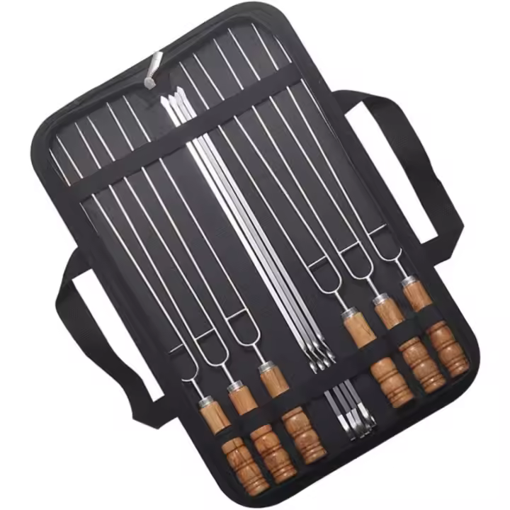 Kit De 10 PCS Brochetas De Acero Inoxidable Con Mango De Madera Para Barbacoa Asadores Y Campaña Funda De Almacenamiento Exterior - 1
