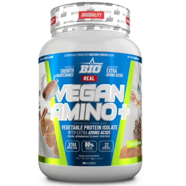 VEGAN AMINO PLUS (1KG) LECHE CANELA - Big / Baja en azúcares  Proteína vegetal  Alta calidad  Real vegan amino - 1