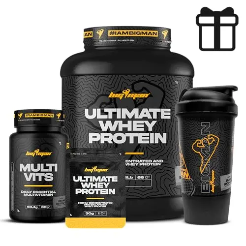 BigMan  Pack Ultimate Whey Protein 2 kg + MULTI VITS Perlas 30 caps + SHAKER PRO  Aumenta el crecimiento muscular  Entrenamientos intensos  Máxima asimilació (2 KILOS SHAKER PRO, Fresa Platano) - 1