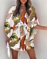 Vestido Casual De Verano Para Mujer Con Estampado Y Volante Estilo Playa Cuello En V Manga Batwing A-Line Largo Mini - details 6