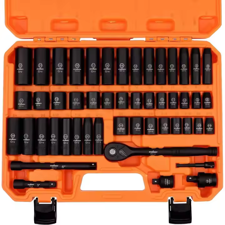 Llaves pistola de Impacto, Llave pistola neumática, Pack de 50 Piezas, Métrica y SAE 3/8", Punto de 6, Acero Cr-V (Cromo-Vanadio) Mango de Trinquete de 3/8" con Barra de Extensión y Junta Universal - EasySpeed - 1