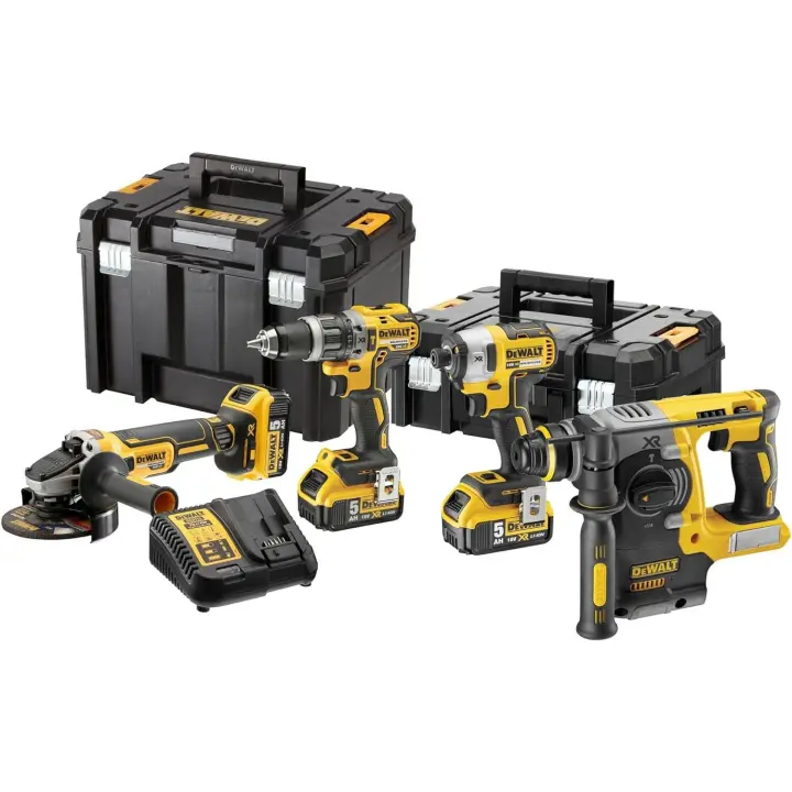 DCK422P3T-QW  KIT XR 18V = DCD796 Taladro Percutor + DCF887 Atornillador Impacto + DCG405 Amoladora + DCH273 Martillo + 3 baterías Li-Ion 5Ah + TSTAK II + TSTAK VI - 1