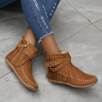 Botines De Otoño Para Mujer Zapatos Planos Botas De Tobillo Retro En Cuero Suelto Con Borlas Punta Redonda Suave Casual - details 25
