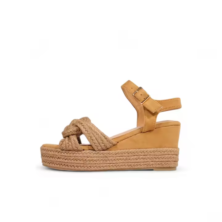 HLUNA - Sandalias de Cuña Beige y Camel Marrón con Plataforma de Esparto Detalle de trenzado de Esparto - Destalonadas con pulsera al tobillo - HT283 - 1