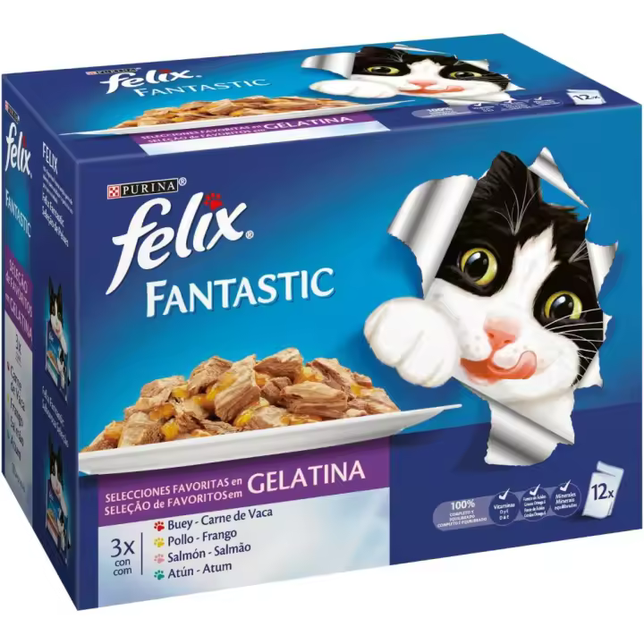 Paquete Ahorro Felix Fantastic Selecciones Favoritas en Gelatina de Pollo, Buey, Salmón y Atún - (6 x 12 x 85gr) - 1