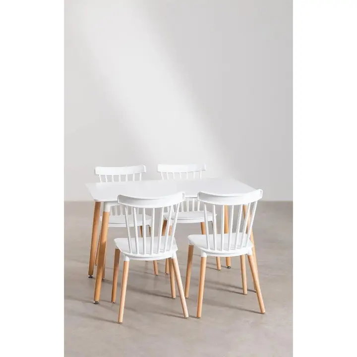 ORION91 Conjunto ALCIONE Mesa Rectangular (120x80x75 cm) + 4 Sillas Color Blanco Patas Haya (83x48x52,5 cm) Comedor Oficina Salón Teletrabajo Cocina - SpazioLuzio - 1
