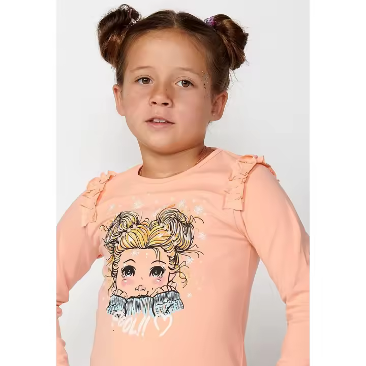 Koroshi Camiseta de manga larga con Volante en los hombros y Estampado delantero color Salmón para Niña - 1