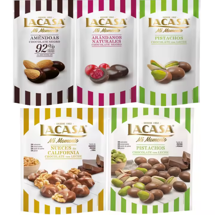 Lacasa Mi Momento pack de 5:Arándano  Negro 60 G,Pistacho  Leche 50 G,Almendra 92% 65 G,Nueces  Leche 115 G,Pistacho  Leche 100 G - 1