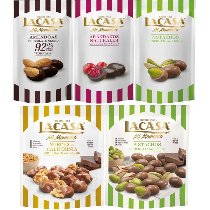 Lacasa Mi Momento pack de 5:Arándano  Negro 60 G,Pistacho  Leche 50 G,Almendra 92% 65 G,Nueces  Leche 115 G,Pistacho  Leche 100 G - 1
