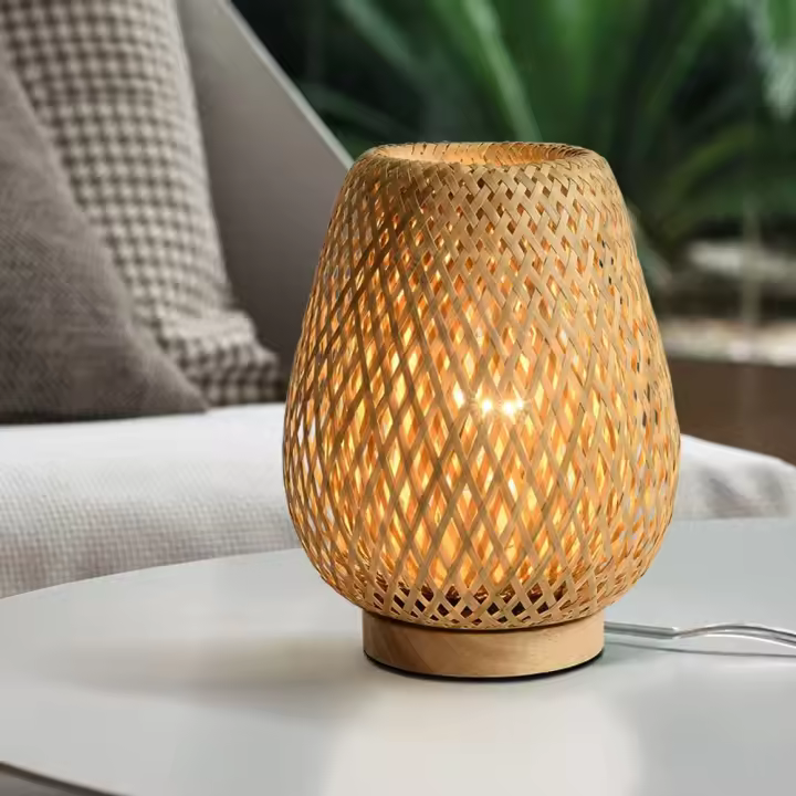 Lámpara de mesita de noche con pantalla de bambú de doble capa, base de madera, lámpara de dormitorio, luz de noche decorativa hecha a mano para bodas, fiestas, dormitorios interiores - 1