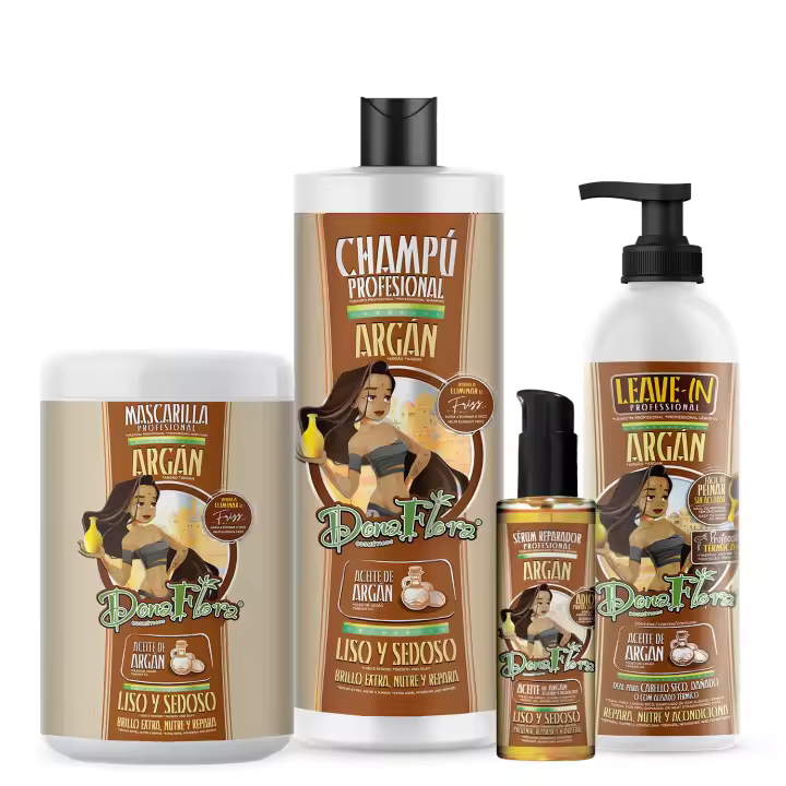 Pack Dona Flora Aceite de Argan: Champú 1000ml + Mascarilla Capilar 1000ml + Serum 100ml + Leave-In 500ml - Brillo Extra , Nutre y Repara - Vendido por Beauty World Distributor - 1