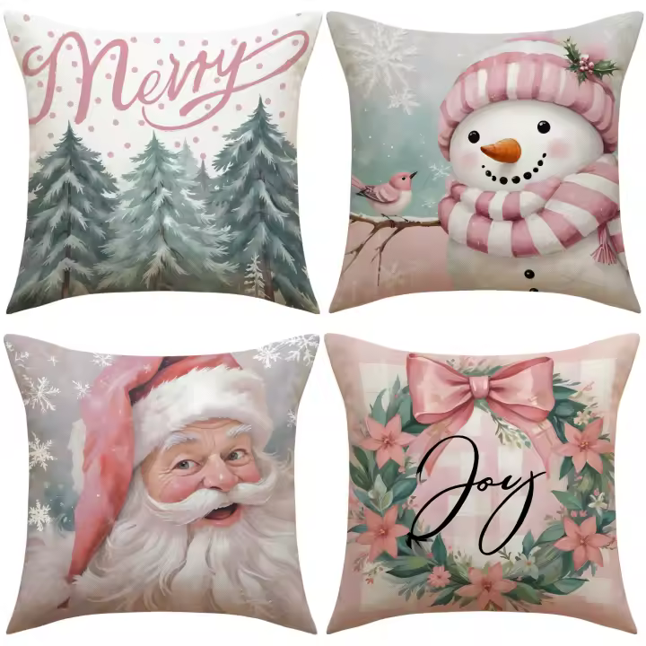 Juego de 4 fundas de almohada de Navidad, cojines de impresión de lino para el hogar, sofá, reposacabezas de coche y decoración de oficina - 1