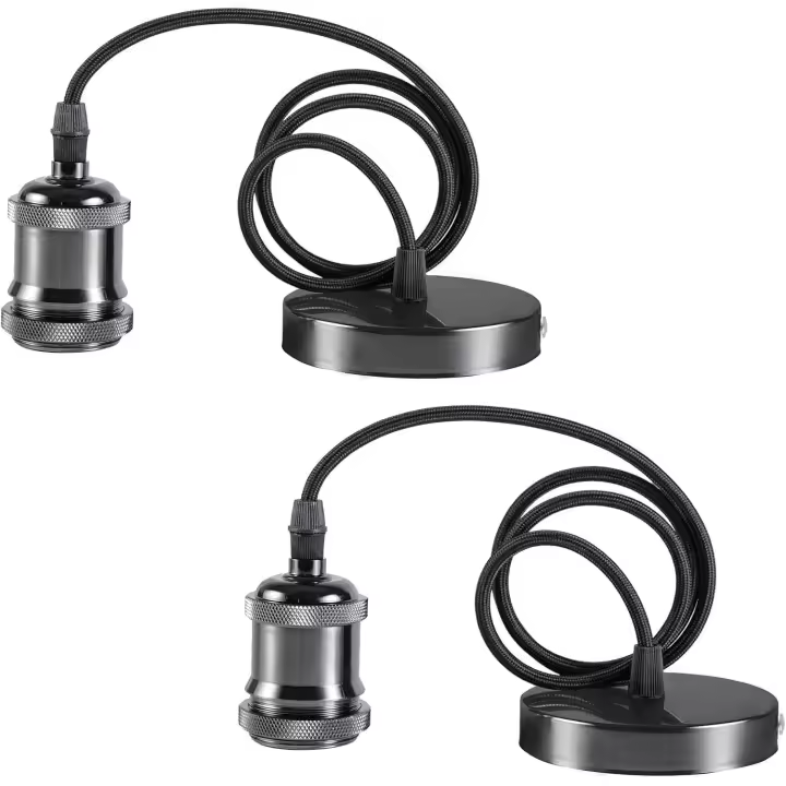 Pack de 2 lámparas colgantes E27 de latón envejecido con cable de tierra y cable trenzado de 90 cm, negro perla - 1