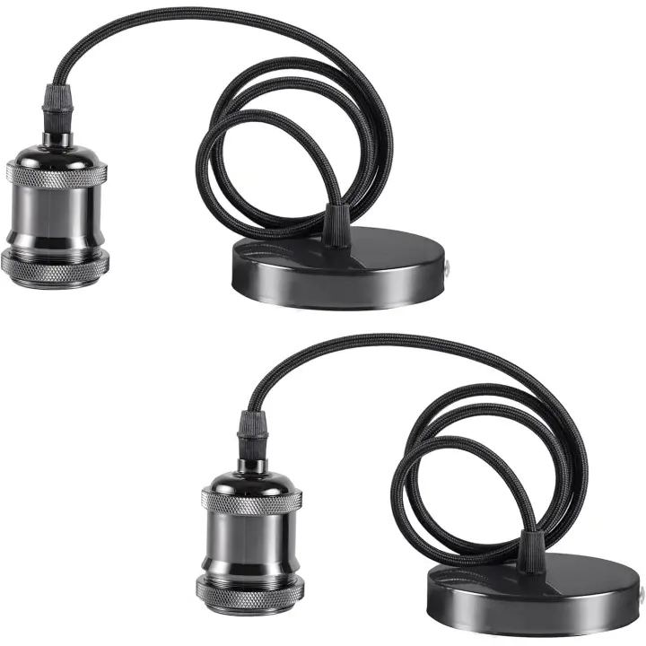 Pack de 2 lámparas colgantes E27 de latón envejecido con cable de tierra y cable trenzado de 90 cm, negro perla - 1