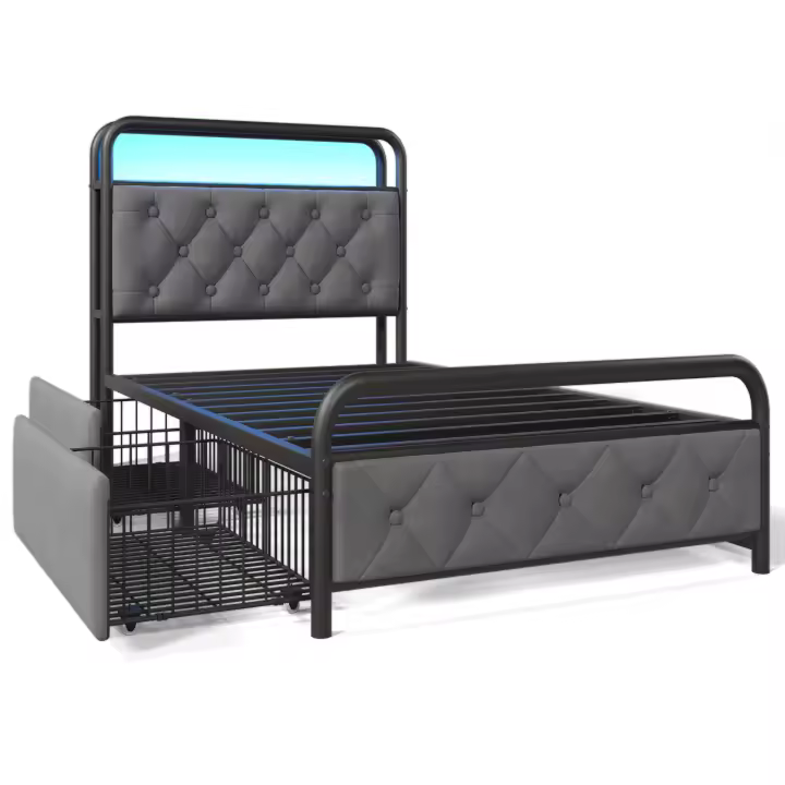 Cama 90x200CM Somier Y 2 cajones, tercipelto (colchón no incluido) APP-CONTROL individual con función de carga USB Tipo C LED Somier Metálico - 1