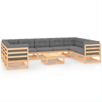 VIDAXL 3078144 conjunto de jardín con 9 sofás de madera con cojines y una mesa color natural y gris - 1
