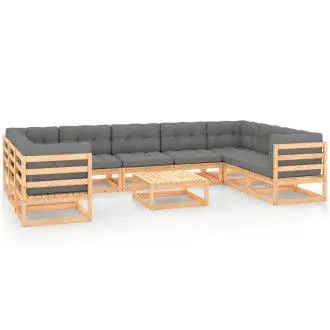 VIDAXL 3078144 conjunto de jardín con 9 sofás de madera con cojines y una mesa color natural y gris - 1