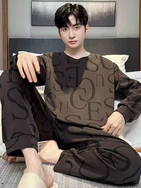 Conjunto de Pijama para Hombres Jóvenes Estilo Otoño-Invierno Casual con Cuello Redondo Manga Larga - 1