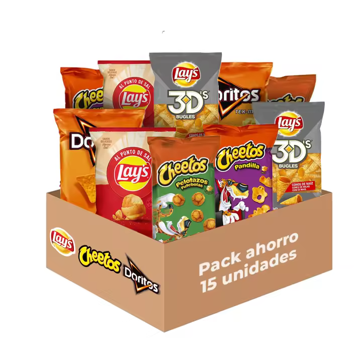 Pack Snacks y Patatas Fritas - Lay's, Cheetos y Doritos: 3 Pandilla, 3 Pelotazos, 3 Lay's al Punto de Sal, 3 Tex-Mex y 3 3D's, Total: 585 g en 15 bolsas de Aperitivos Crujientes e Irresistibles - 1