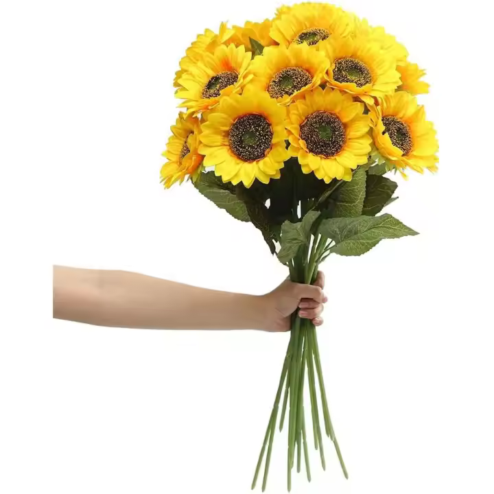 Flores de girasol artificiales de tallo largo de seda, girasoles grandes falsos, decoración para exteriores, hogar, boda, fiesta de cumpleaños, 6 piezas (centro oscuro) - 1