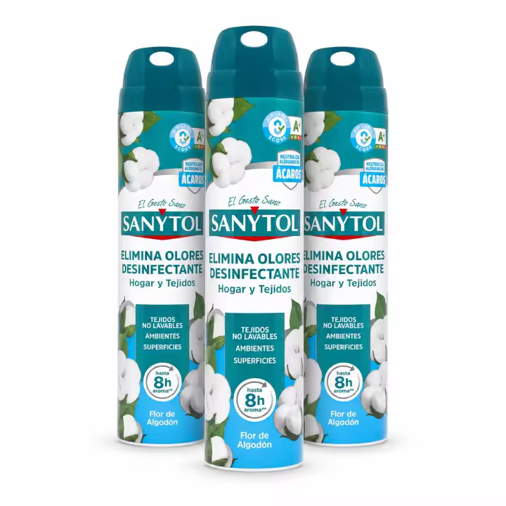 SANYTOL Pack x3 Botes ambientador desinfectante para hogar y tejidos Flor de Algodón spray 300 ml - El envase puede variar - 1