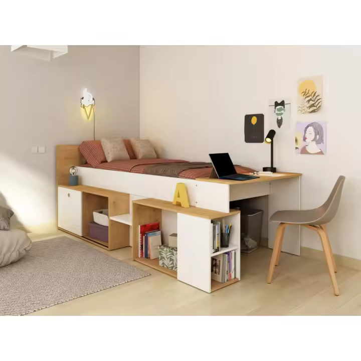 Vente-unique - Cama combinada 90 x 200 cm con escritorio y almacenamiento - Blanco y natural - PALOMA - 1