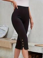 Leggings De Moda Para Mujeres Cintura Alta Ajustados Yoga Casual Color Sólido Con Botón Y Abertura Lateral Mid-calf Polyester - details 3