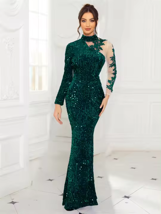 Vestido Largo De Noche Romagic Para Mujer En Azul Real Con Manga Larga Cuello Redondo Elegante Para Bodas Y Fiestas De Invitados Maxi Vestido Sin Costuras - 1