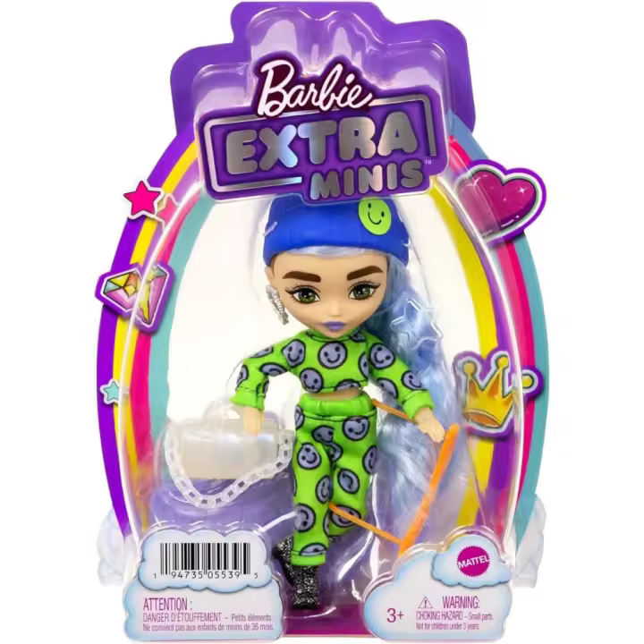 Barbie muñeca extra mini pelo largo azul hielo con accesorios de moda MATTEL (HGP65) - 1